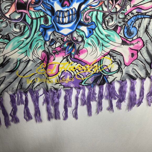Ed Hardy Y2K Love Kills Slowly Snakes Mermaid Purple Blue Fringe Scarf Wrap NEW - Picture 5 of 7